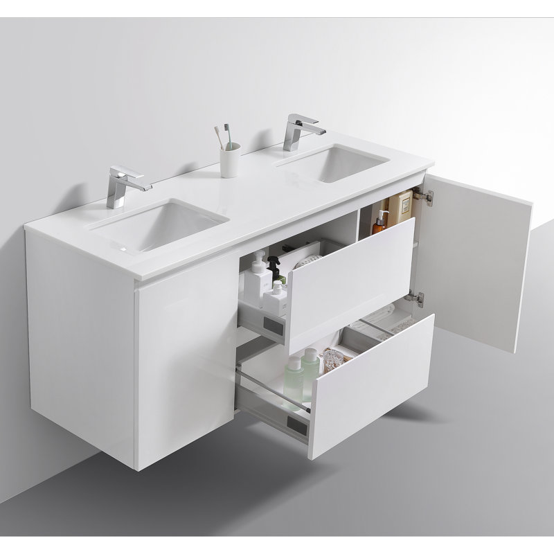 Ensemble de meuble-lavabo mural double 59 po Layla-Mae, Blanc brillant