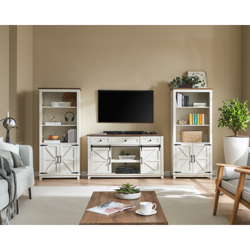 Bibliothèque à 5 niveaux avec tablettes réglables et porte de grange Chimira Farmhouse H 69,8 "x l 31,4", Blanc