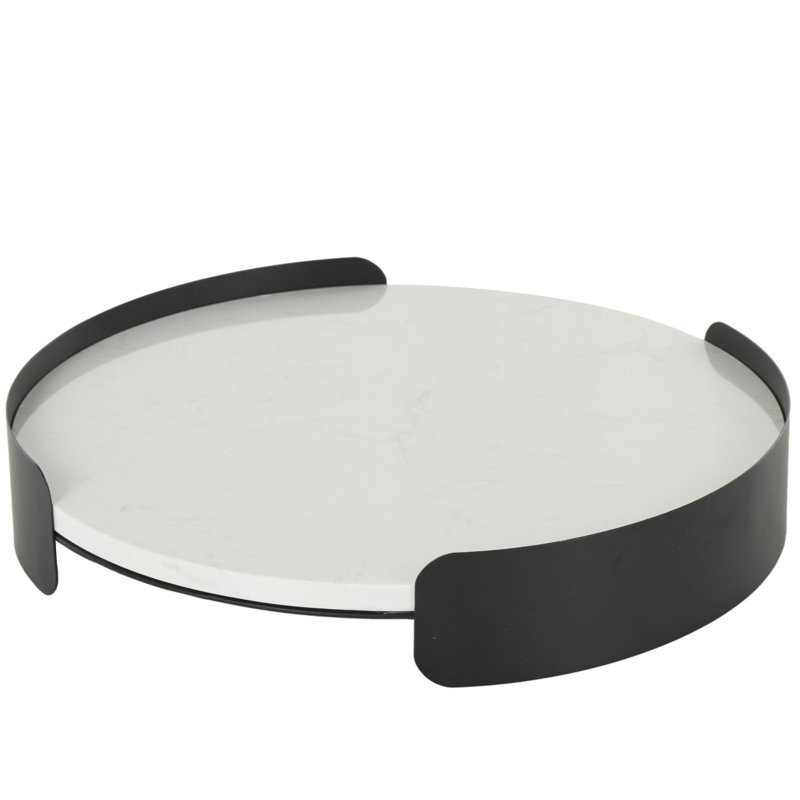 Plateau rond en marbre Cole et gris avec cadre en métal noir, H 3,3 po x l 18,85 po x P 18,85 po