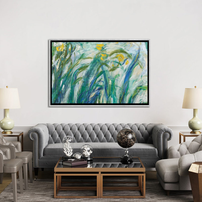 Iris jaune et mauve, 1924-1925 par Claude Monet - reproduction d'art, H 40 po x l 60 po x 1,5 po, Toile avec cadre argenté
