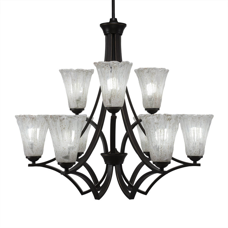 Zilo 9 Light Uplight Chandelier Shown In Dark Granite Finish With 5.5" Fluted Italian Ice Glass, Dark Granite