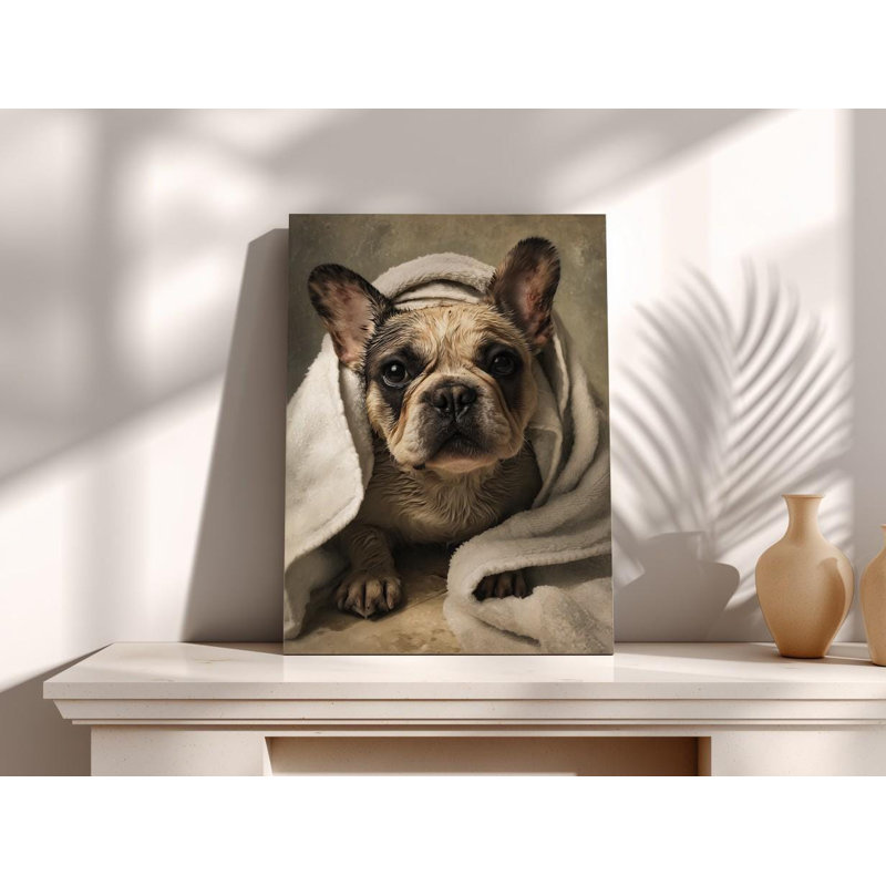 Drôle de bouledogue français sur toile, H 60 po x l 40 po
