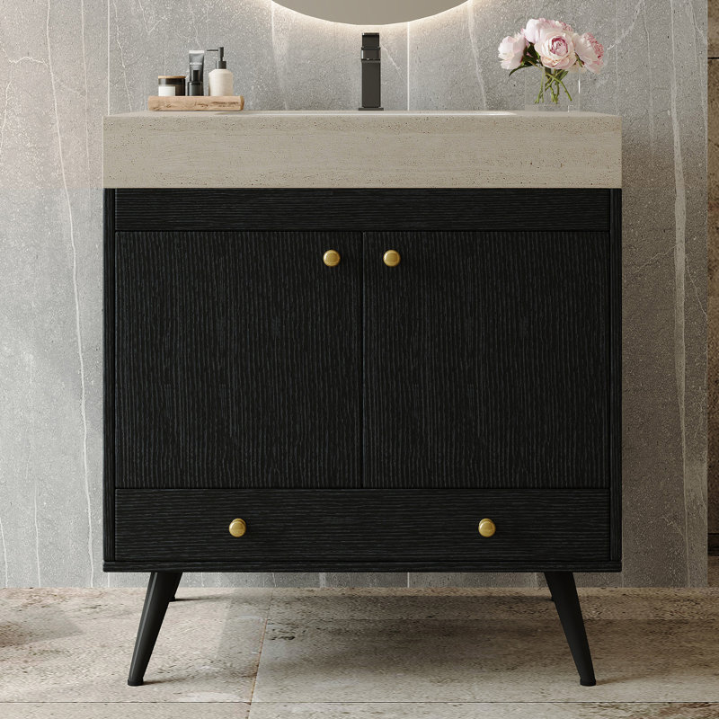 Meuble-lavabo autoportant classique de 30 po avec plateau en pierre frittée, lavabo en céramique blanche et pieds dorés, armoire de rangement