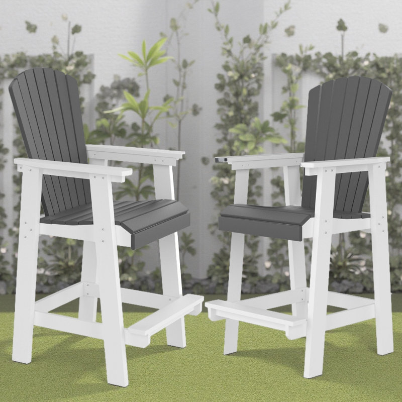 Outdoor Adirondack Bar Stools Set Of 2, 51 Inch Tall Patio Chairs With High Back, All-Weather HDPE Bar Height Stools With Wide Armrests For Garden, Poolside, Balcony, White And Gray