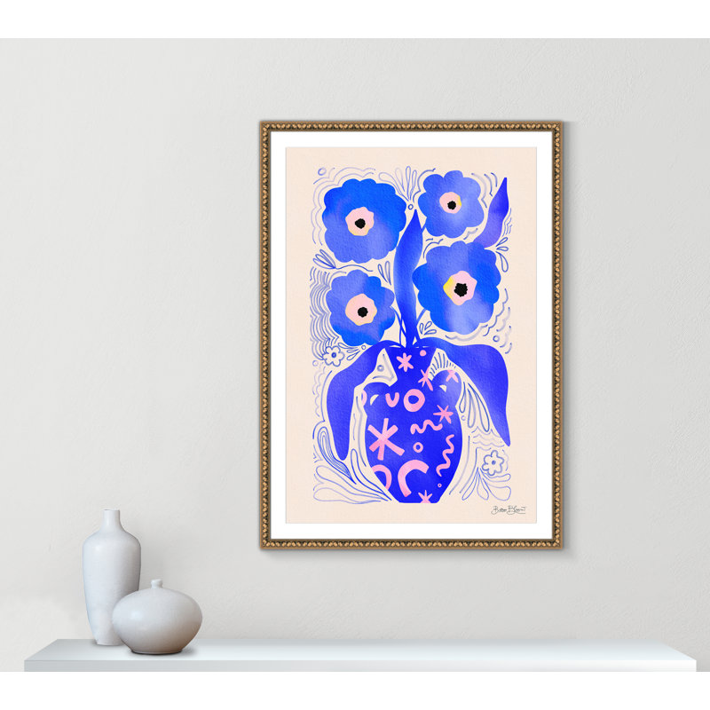 «Blue Flowers Matisse» par Bloom, L 38,5 po x H 54,5 po, Imprimé mat, Perles de feuilles dorées