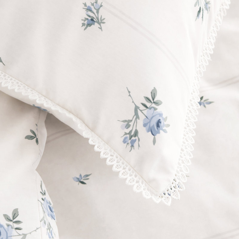 Vintage Rosebud Lace 200 Thread Count Cotton Reversible Duvet Cover Set, Double, Blue
