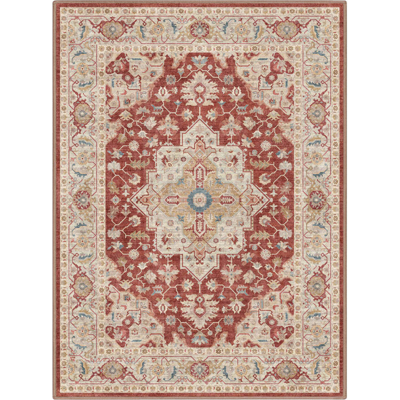 Summit Red Beige Medallion Oriental Area Rug, Rectangle 3'11" x 5'3" 