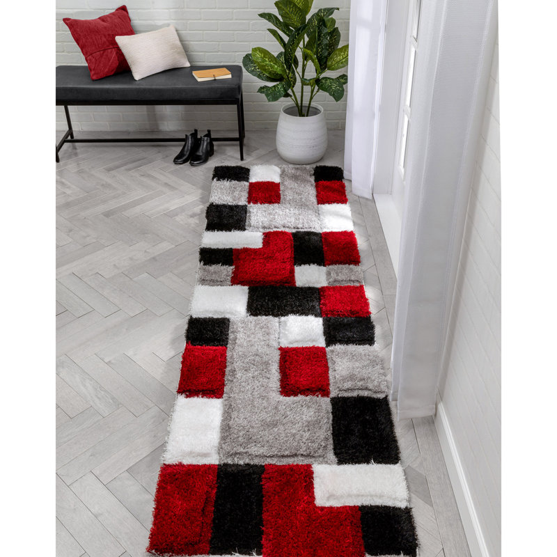 Tapis rouge / noir à poil long Cobina, Tapis de couloir 2 pi 7 po x 9 pi 10 po