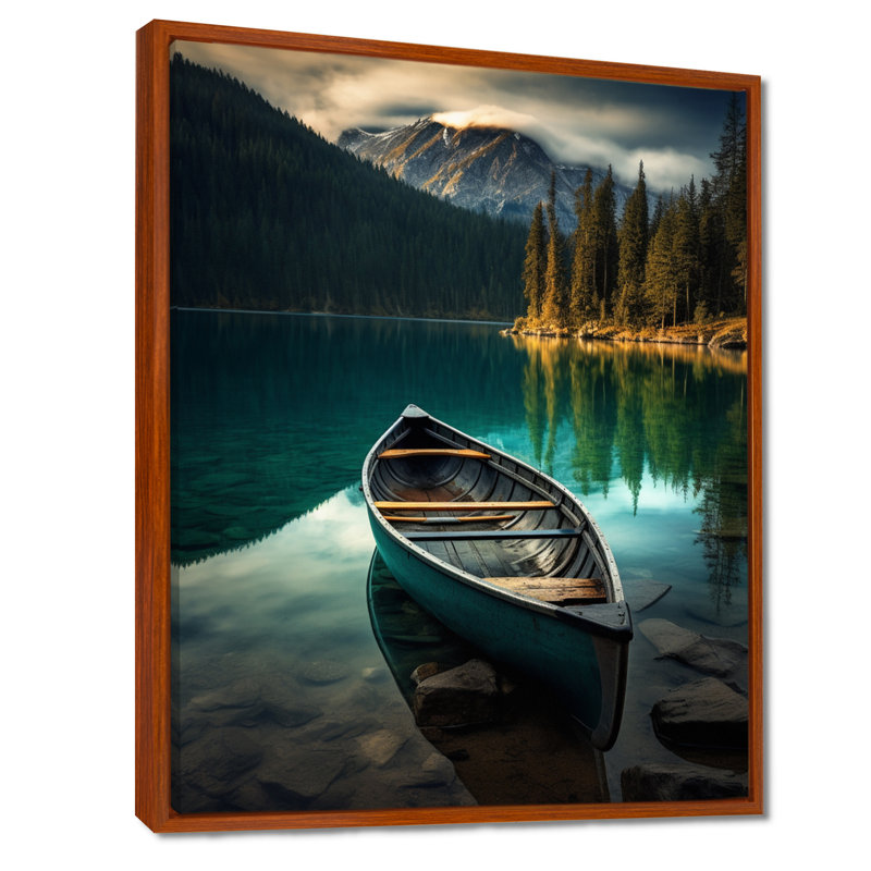 «Canoe on Blue Forest Mountain Lake», reproduction d'art murale en bateau, Toile tendue, H 44 po x l 34 po