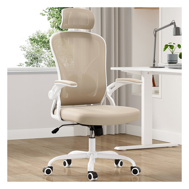 Chaise de bureau ergonomique, chaise de bureau à domicile avec support lombaire réglable et appui-tête - Chaise d'ordinateur en filet à dossier haut avec accoudoirs rabattables pour économiser de l'espace, blanc et kaki