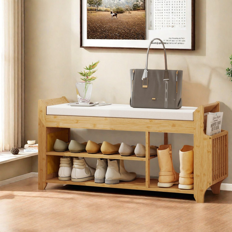 Banc de rangement pour chaussures avec siège rembourré, entrée moderne en bambou naturel