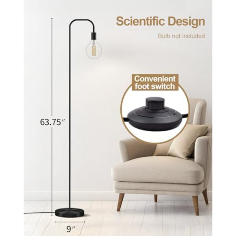 Black Floor Lamp 63.75" Industrial Floor Lamp, On/Off Footswitch,Modern Floor Lamp For Living Room Bedroom Reading Office Metal Minimalist Standing Lamp Tall Pole Lamps