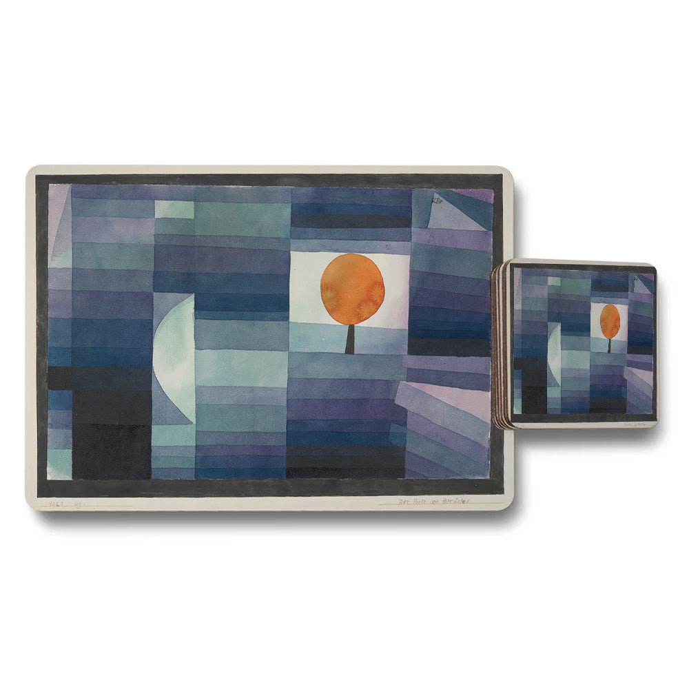 Abstract Geometric Placemat and Coaster Set with Orange Sun Artwork