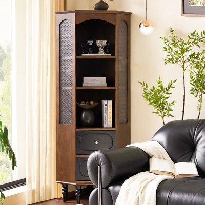 68.11"H Solid Wood Corner Cabinet, Retro Style, Glass Door Tall Storage Shelf