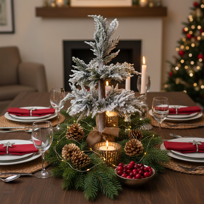Arbre de Noël pin lourdement floqué avec base en jute naturelle - 27,5 po, 27,5 po x 17,25 po