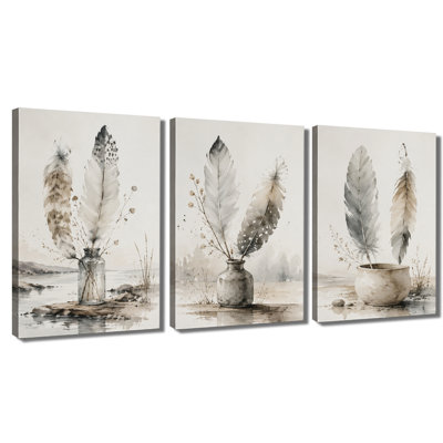 3‑panel wall art Neutral Feather Vase Watercolor Still Life Canvas Print