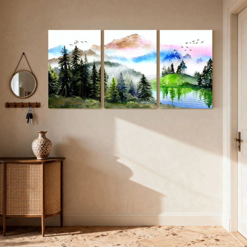 «Landscape & Nature Mountain Forest Lake Sky Birds Reflection», ensemble de 3 impressions sur toile, H 24 po x l 48 po