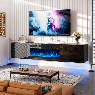 70" Floating Fireplace TV Stand for TVs up to 80", Wall Mounted Media Console with LED Lights