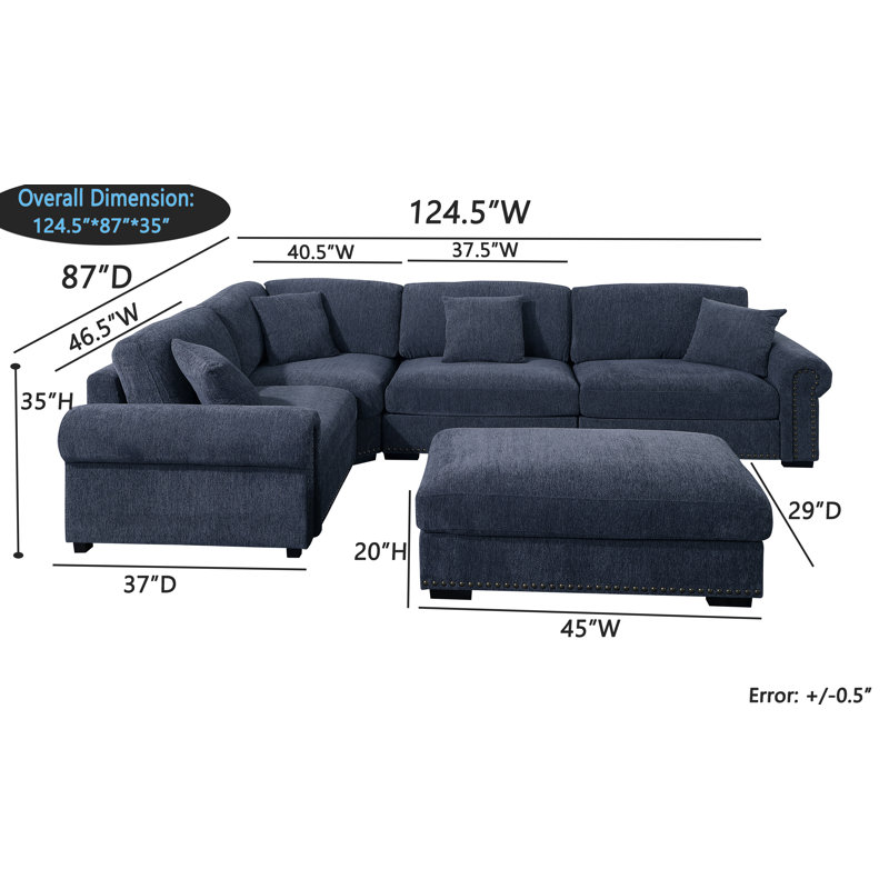 Errett Upholstered 5-Seat Roller Arms Cloud Corner Sectional Sofa, Dark Blue Polyester