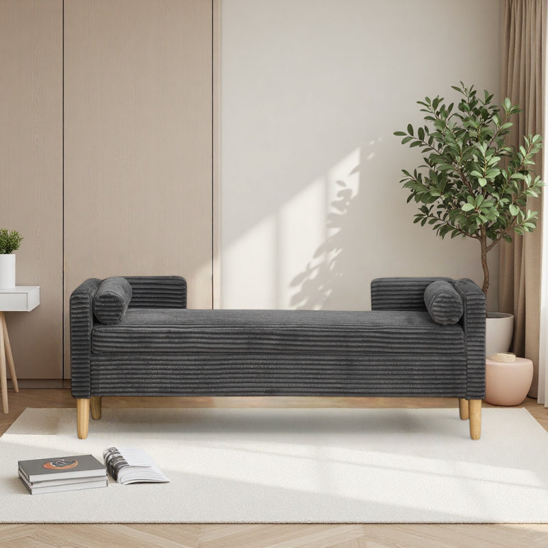 65.3" W Upholstered Storage Bench With Bolster Pillows, Charcoal