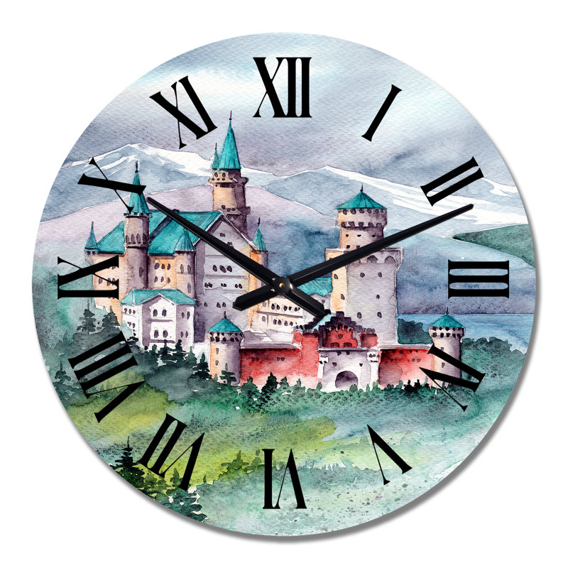 Château avec toit bleu dans les montagnes couvertes - horloge murale rétro, Moyen