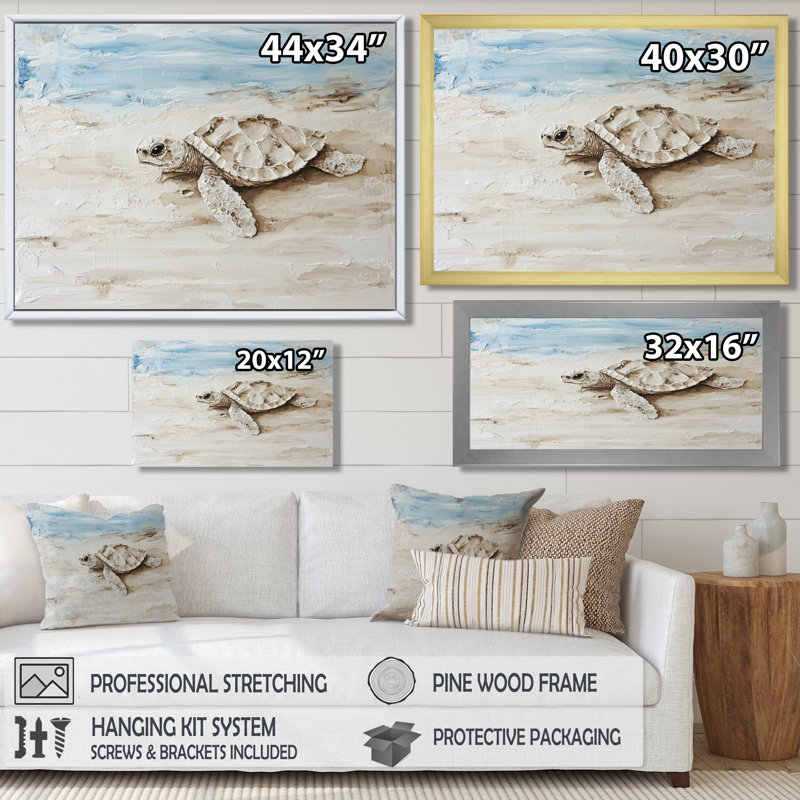 Minimal Turtle By The Beach - Tortue, art mural, Floater Framed Print without Mat, Black, 24" H x 32" W