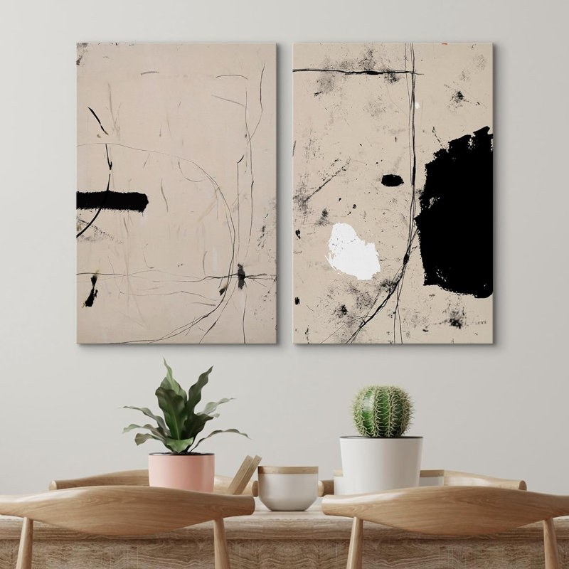 Reproduction d'art moderne minimaliste noir et brun clair Mid Mid Century, H 36 po x l 48 po, Toile tendue, Sans cadre