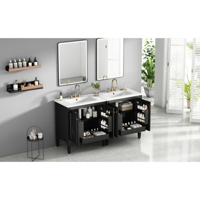 Meuble-lavabo de 60 po pour lavabo double, construit en bois massif et esthétique rétro, trop-plein en céramique, tablette réglable dans l'armoire latérale, structure, lavabo imperméable, - avec trop-plein, étagère