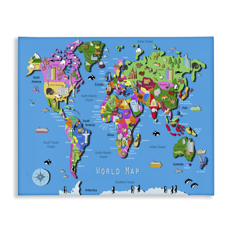 Art éducatif sur toile, carte du monde par Carla Daly, H 16 po x l 20 po