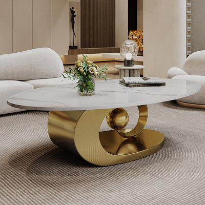 Table basse en faux marbre avec base sculpturale en acier inoxydable, table centrale