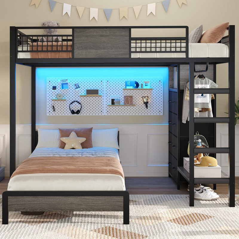 Bunk Bed Twin Over Twin Size With 8 Storage Drawers, Led Lights And Storage Shelves, Metal Loft Bed, Black/Gray