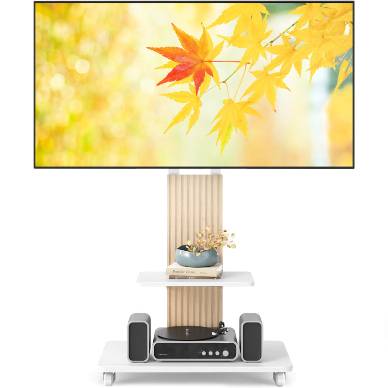 Meuble télé sur roulettes avec base en bois pour grandes télévisions de 55 à 90 po jusqu'à 150 lb, Blanc/naturel