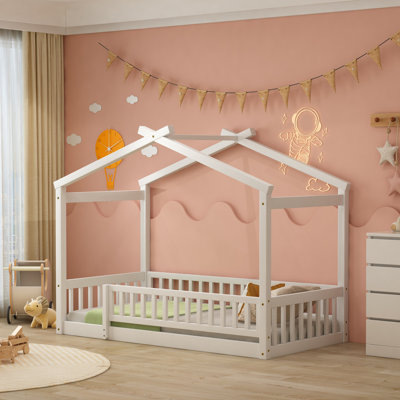 Structure de lit simple en bois avec clôture, pour enfants, adolescents, filles, garçons, blanc