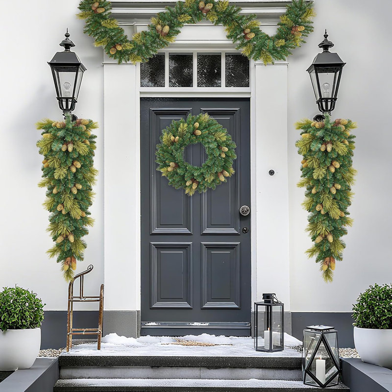 Ensemble de guirlande de Noël et de guirlandes de Noël avec lumières, à pile, décor de guirlande pré-éclairé avec portes en pin pour manteau de cheminée, 6 pièces, vert