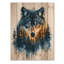 Loup doré dans un paysage de forêt bleue III - Décoration murale animal en bois de loup - sur bois de pin naturel-565998527