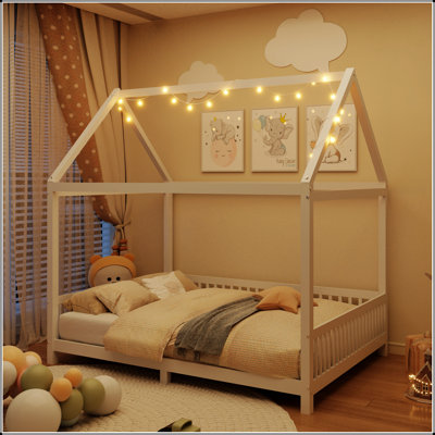 Lit double en bois avec garde-corps et DEL, parfait pour une expérience de sommeil sécuritaire et imaginative pour les enfants