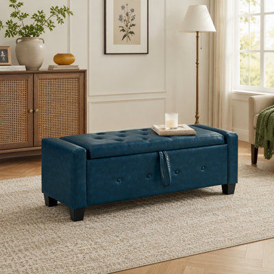 Banc avec repose-pieds 48 po avec rangement, banc pour chambre à coucher, salon, couloir, rembourré capitonné en similicuir PU bleu