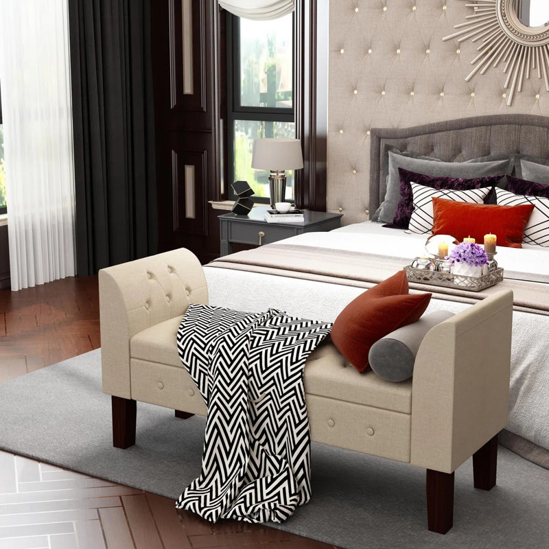 Linen Blend Upholstered Storage Bench