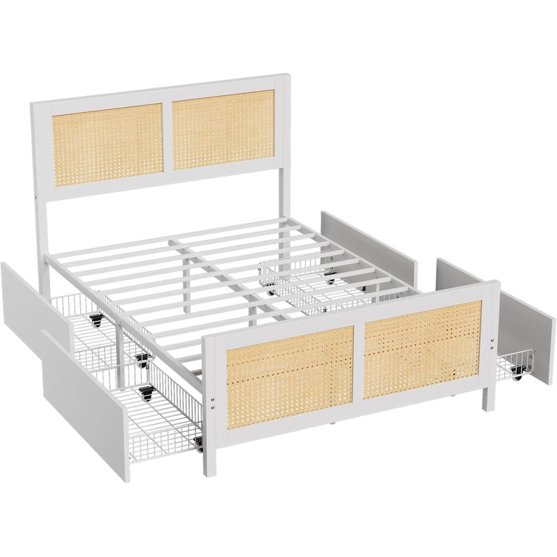 Queen Size Boho Cane Rattan Platform Bed Frame With LED Headboard Seven Colors Four Large Drawers Strong Metal Slats Support Noise Free No Box Spring Needed Easy Assembly Black Color