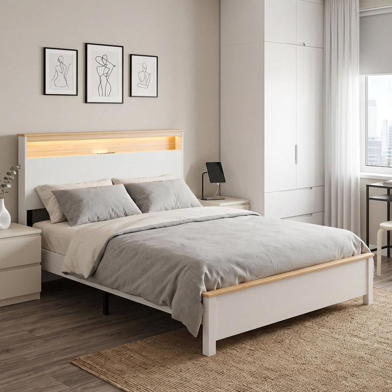 Lit plateforme rustique en bois avec tête de lit de rangement, lampe DEL tactile à intensité variable et station de recharge, rangement silencieux sous le lit, sommier non requis