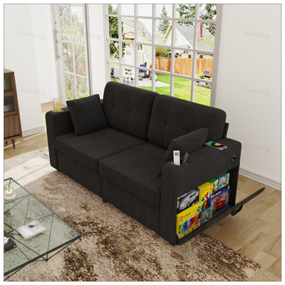 Modern Chenille Fabric Sofa with USB Charging, Storage, and Cup Holder for Small Living Rooms and Apartments