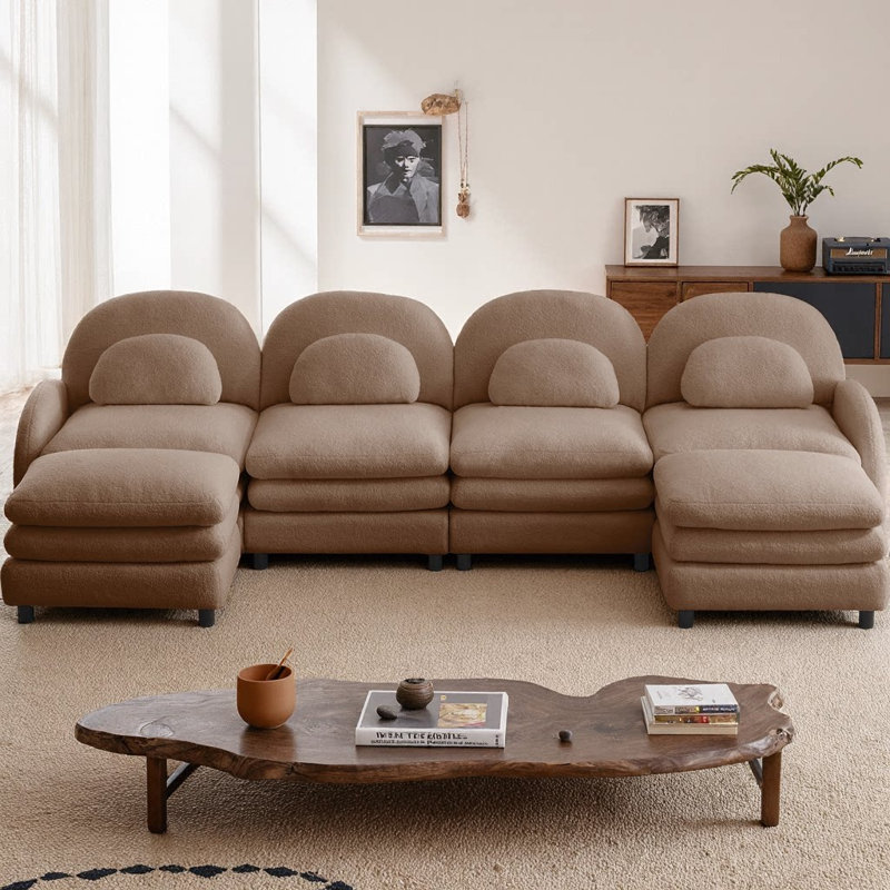 U-Shaped Teddy Fabric Cloud-like 4-Seater Modular Sectional Sofa, Curved Backrest & Armrests, 2 Moveable Ottomans, Double-Layer Cushion with Lumbar Pillows for Supportive Comfort
