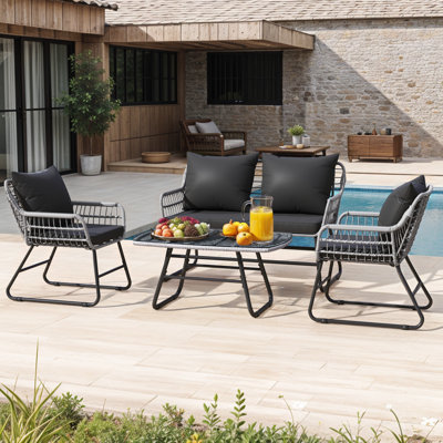 4-Piece Outdoor Patio Furniture Set All-Weather PE Wicker Rattan Conversation Set With Soft Cushions And Metal Table