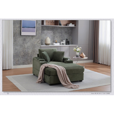 Canapé rembourré en velours côtelé avec rangement pour main courante, repose-pieds mobile, porte-gobelets et coussins amovibles