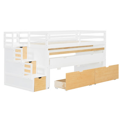 Twin XL Loft Bed with Pull-Out Desk and Twin Trundle, Multi-Functional Bunk Bed with 2 Storage Drawers and Storage Steps, Space-Saving Gaming & Workstation Bedframe