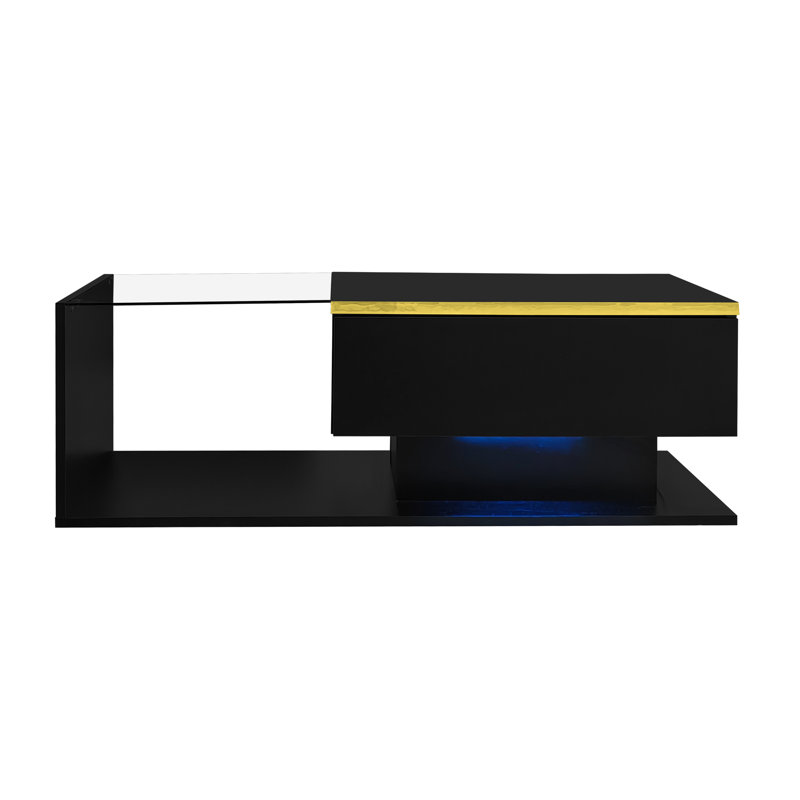 Table basse de 39,4 pouces de long, très brillante. Tables d'appoint, tables basses avec verre et effet à DEL, Noir