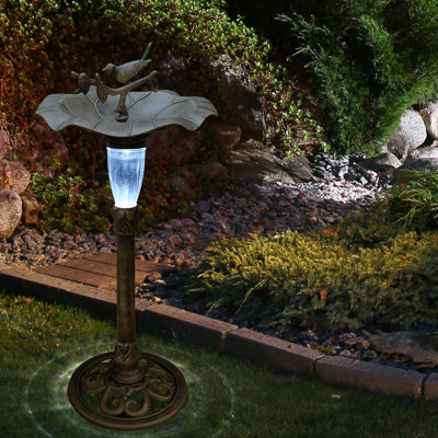 Solar Gold Birdbath with Birds and LED Light