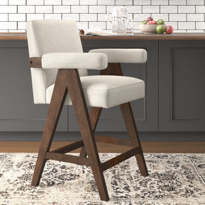 Brittnie 25.5" Full Back Walnut Wood Upholstered Counter Stool With Arms by Mercury Row