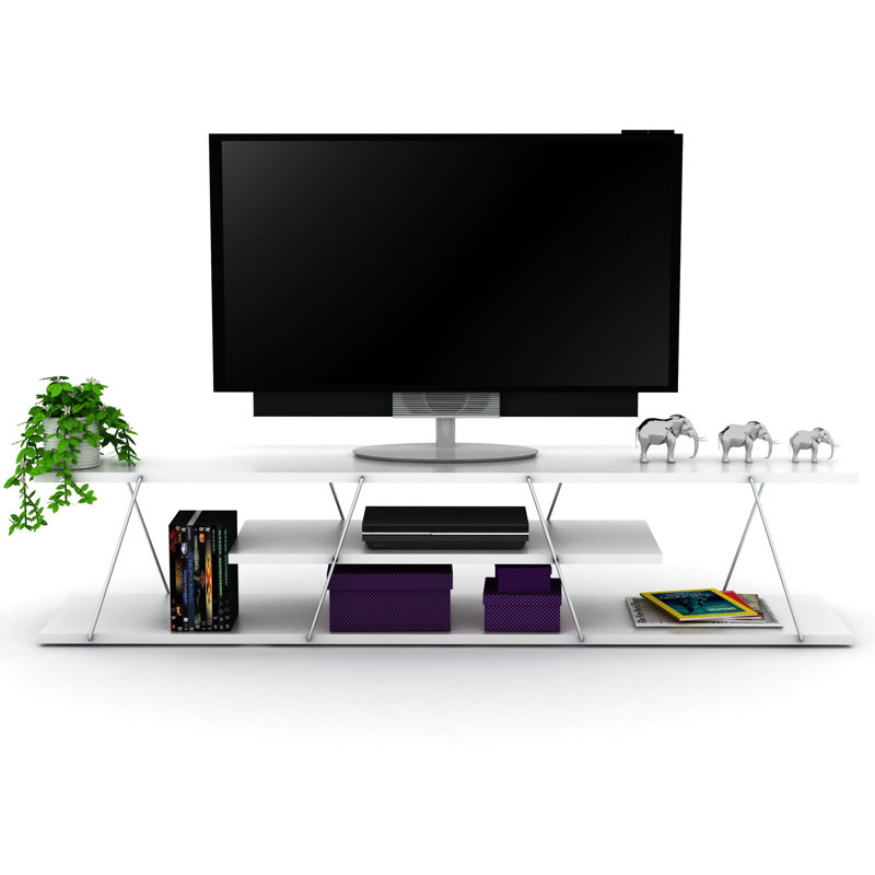 Mid Century Modern Entertainment Tv Unit Stand, 56 Inch Low With 4 Shelves Open Storage In White/ Stand Shelves, White And