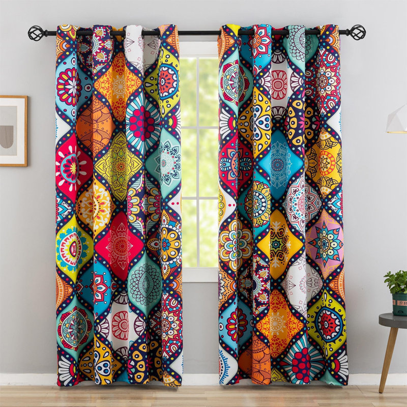 100% Blackout Curtains 2 Panels Set Boho Colorful Mandala Thermal Insulated Room Darkening Window Drapes Patterned Black Out Curtains, 52Wx84l
